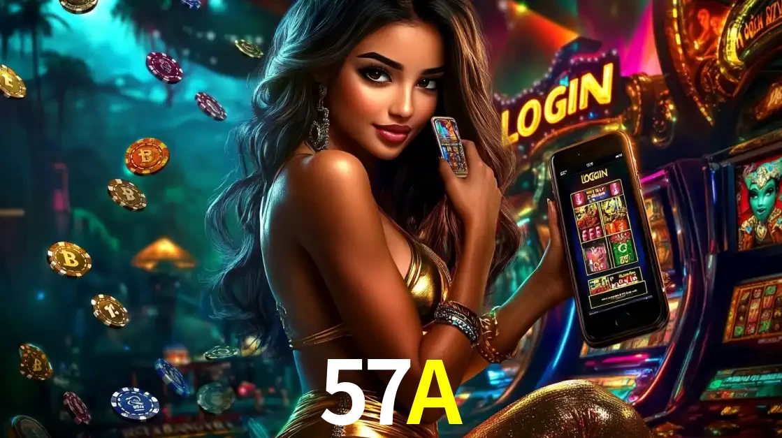 Mulher em um cenário de cassino temático de aventura, mostrando o app de caça-níqueis da 57A no celular. Fichas de apostas flutuam ao redor.