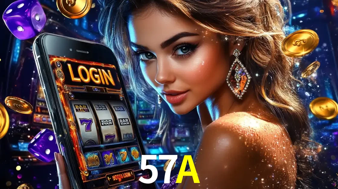 Mulher glamorosa segurando um smartphone com a tela de login para os jogos de caça-níqueis do cassino online 57A, com moedas de ouro e dados ao redor.