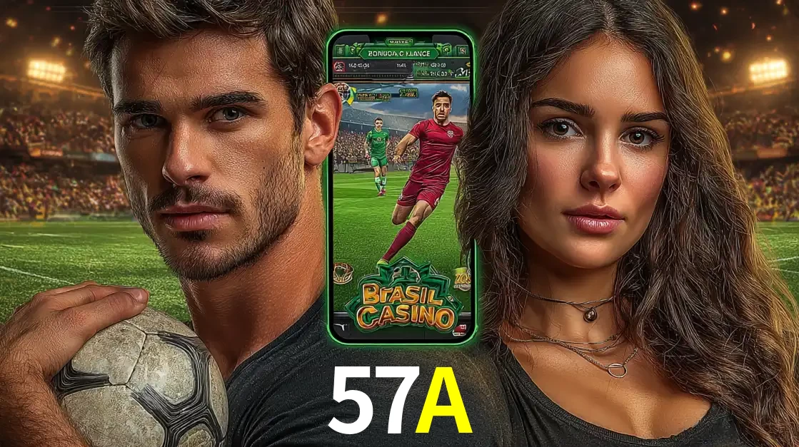 Homem segurando uma bola de futebol e uma mulher ao lado de um smartphone exibindo o jogo de apostas esportivas da 57A. Faça seu palpite no cassino online.